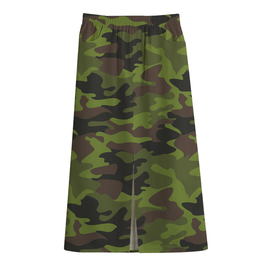 Dark Green And Black Camouflage Print Cotton Front Slit Maxi Skirt