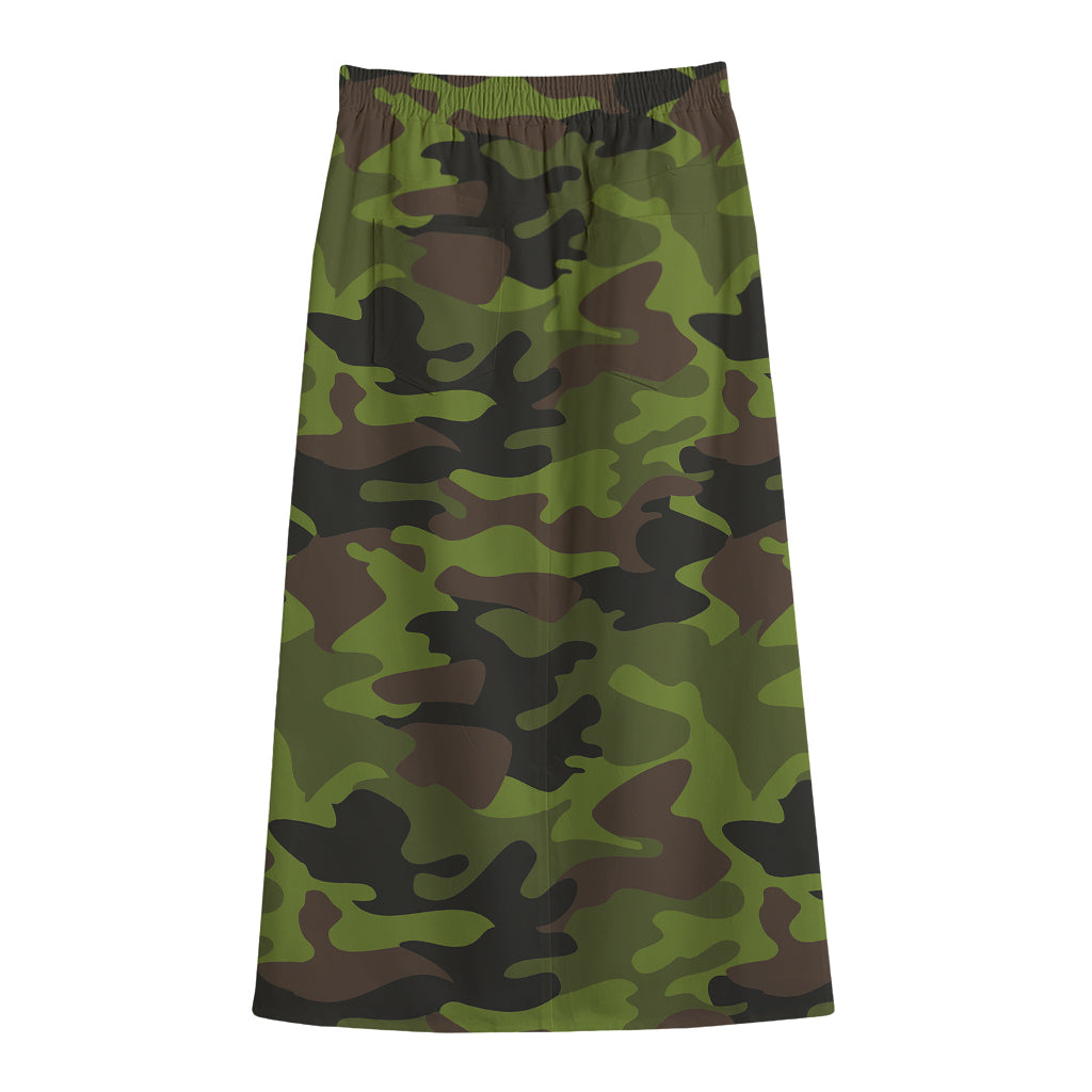 Dark Green And Black Camouflage Print Cotton Front Slit Maxi Skirt