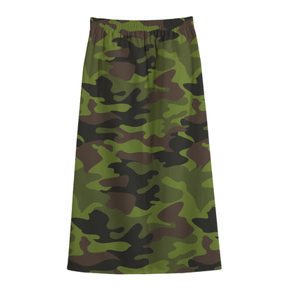 Dark Green And Black Camouflage Print Cotton Front Slit Maxi Skirt