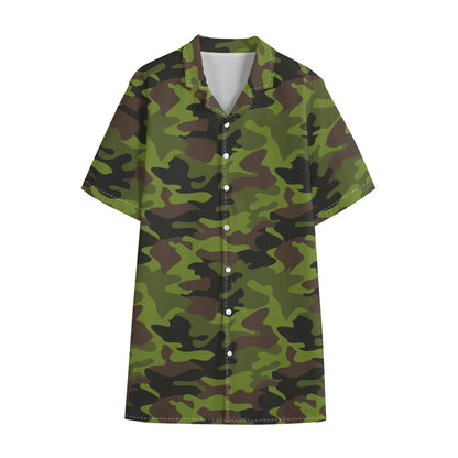 Dark Green And Black Camouflage Print Cotton Hawaiian Shirt
