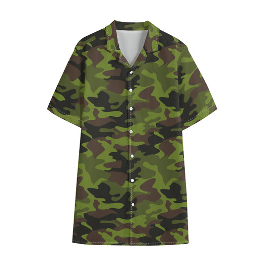 Dark Green And Black Camouflage Print Cotton Hawaiian Shirt