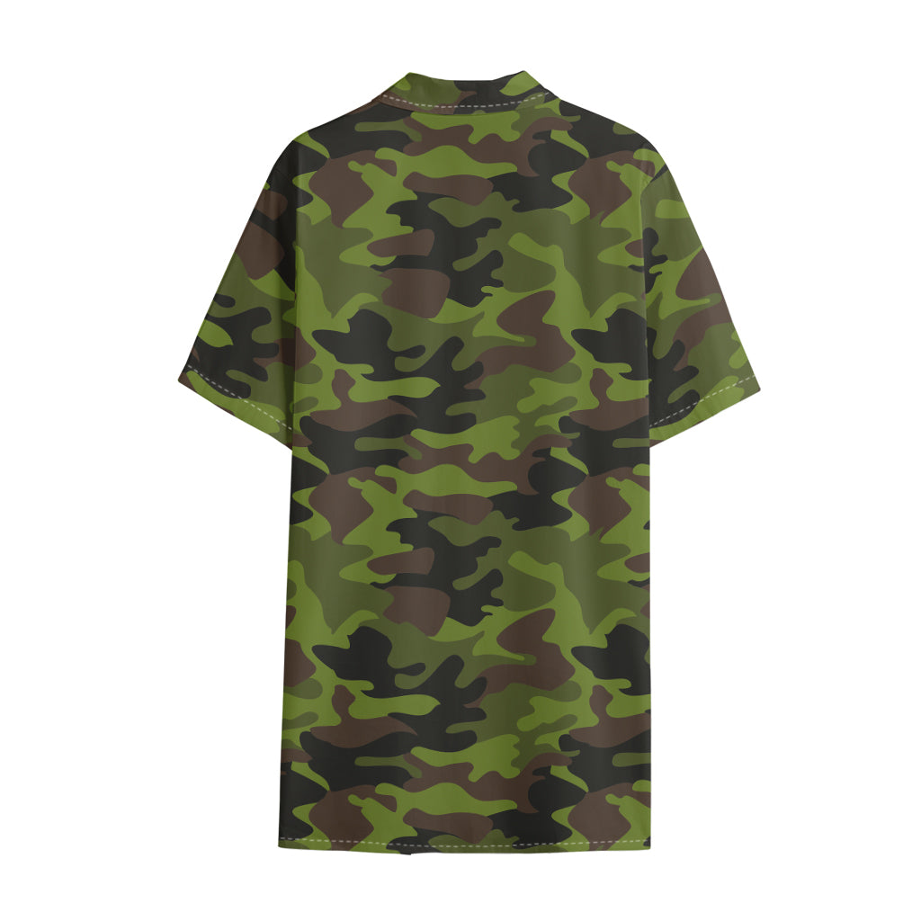 Dark Green And Black Camouflage Print Cotton Hawaiian Shirt