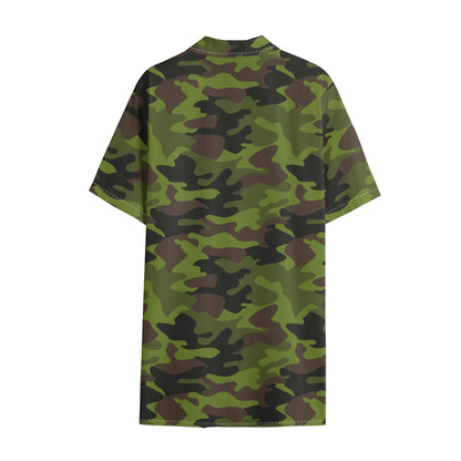 Dark Green And Black Camouflage Print Cotton Hawaiian Shirt