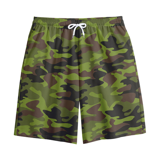 Dark Green And Black Camouflage Print Cotton Shorts
