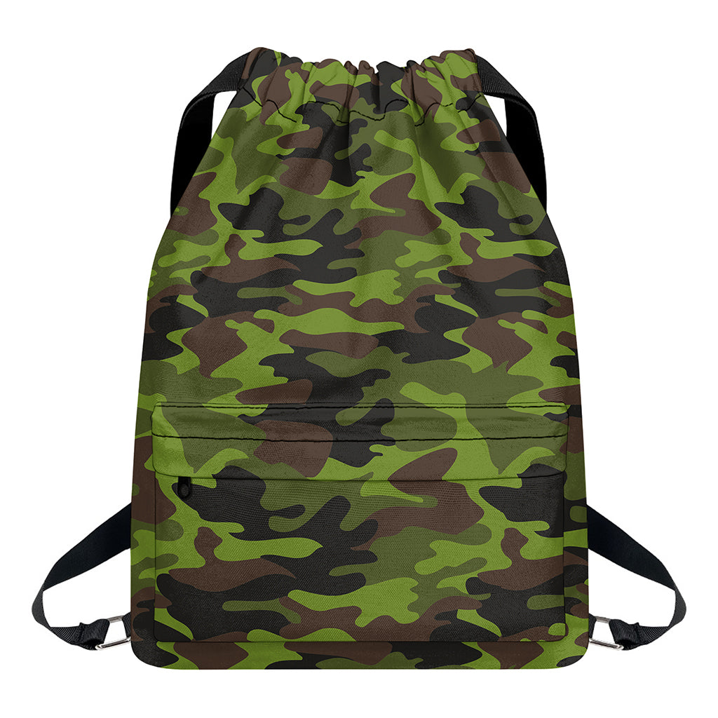 Dark Green And Black Camouflage Print Drawstring Backpack