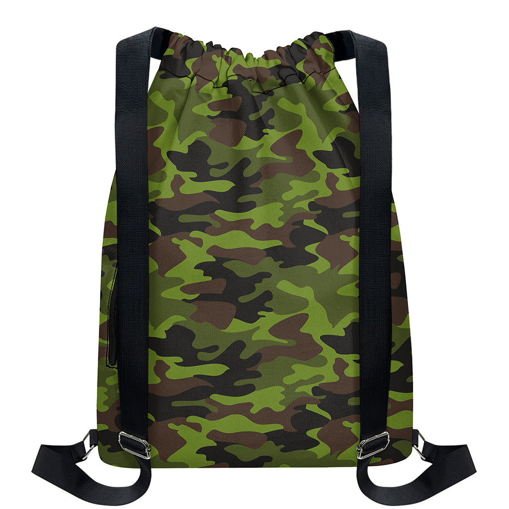Dark Green And Black Camouflage Print Drawstring Backpack
