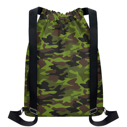 Dark Green And Black Camouflage Print Drawstring Backpack