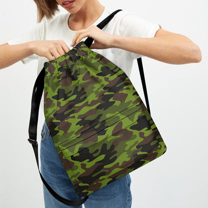Dark Green And Black Camouflage Print Drawstring Backpack