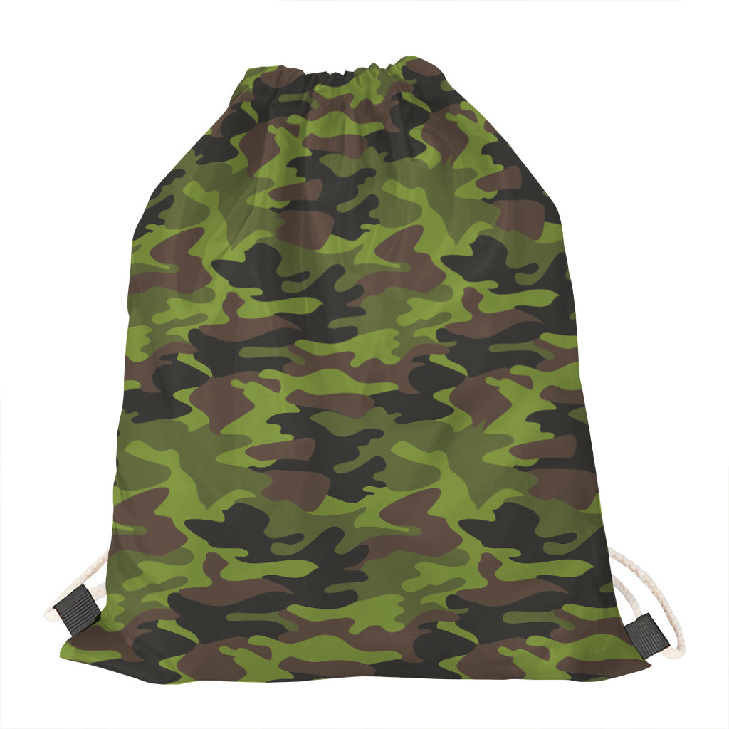 Dark Green And Black Camouflage Print Drawstring Bag