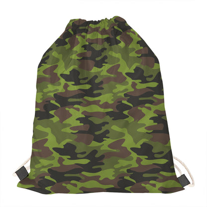 Dark Green And Black Camouflage Print Drawstring Bag