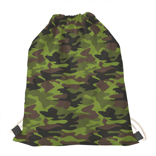 Dark Green And Black Camouflage Print Drawstring Bag