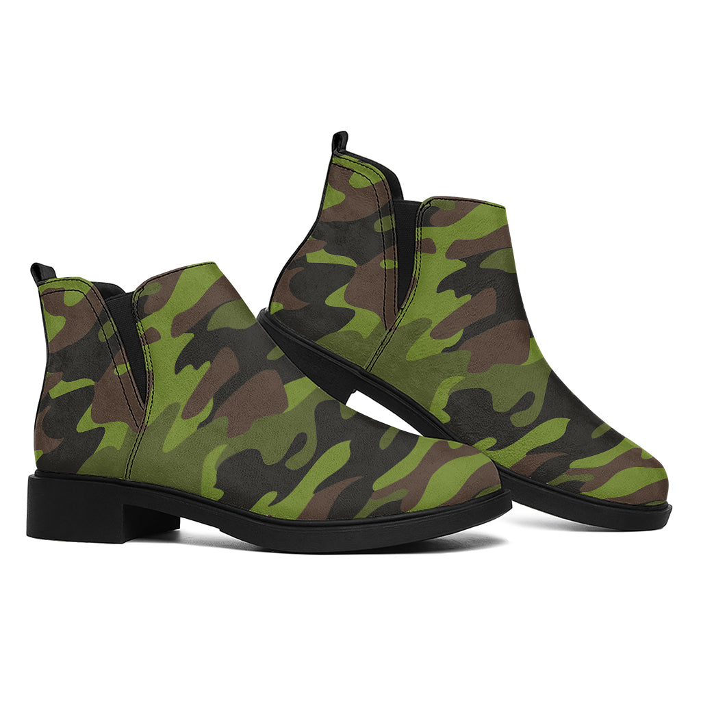 Dark Green And Black Camouflage Print Flat Ankle Boots