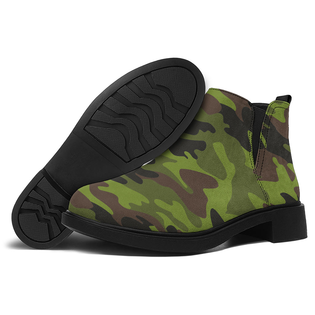 Dark Green And Black Camouflage Print Flat Ankle Boots