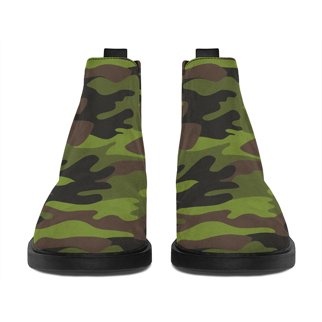 Dark Green And Black Camouflage Print Flat Ankle Boots
