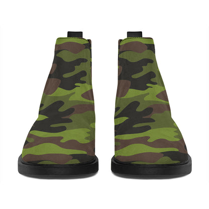 Dark Green And Black Camouflage Print Flat Ankle Boots