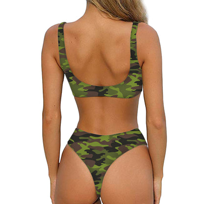Dark Green And Black Camouflage Print Front Bow Tie Bikini