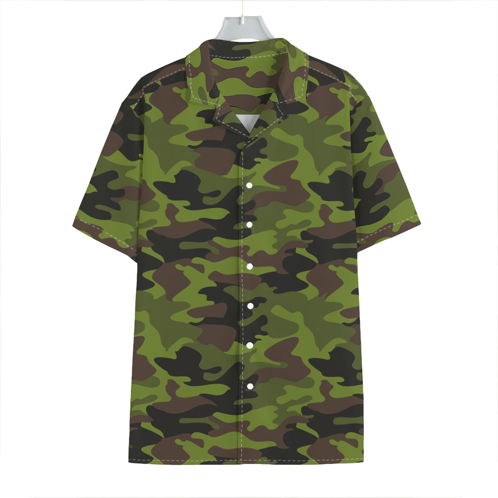 Dark Green And Black Camouflage Print Hawaiian Shirt