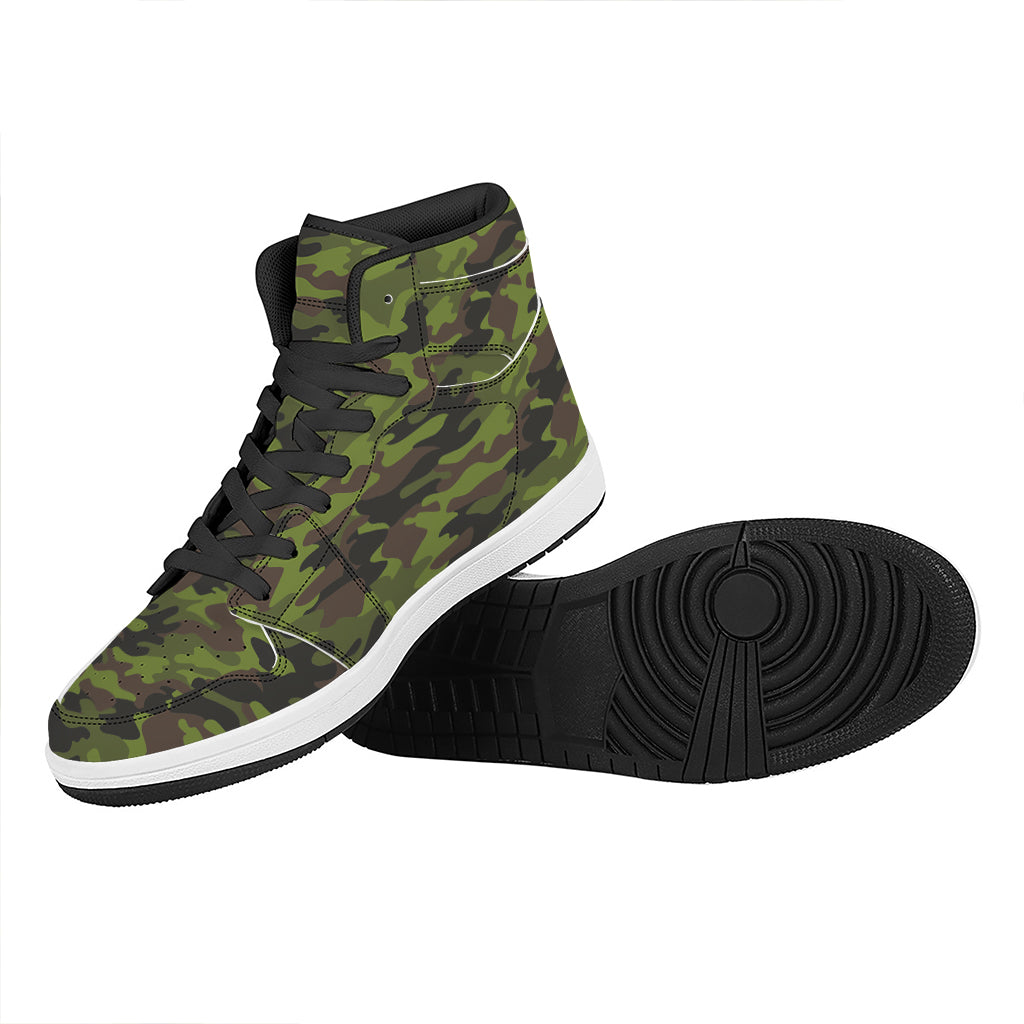 Dark Green And Black Camouflage Print High Top Leather Sneakers