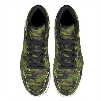 Dark Green And Black Camouflage Print High Top Leather Sneakers