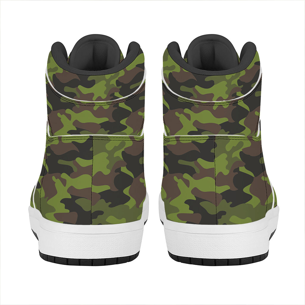 Dark Green And Black Camouflage Print High Top Leather Sneakers