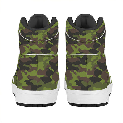 Dark Green And Black Camouflage Print High Top Leather Sneakers