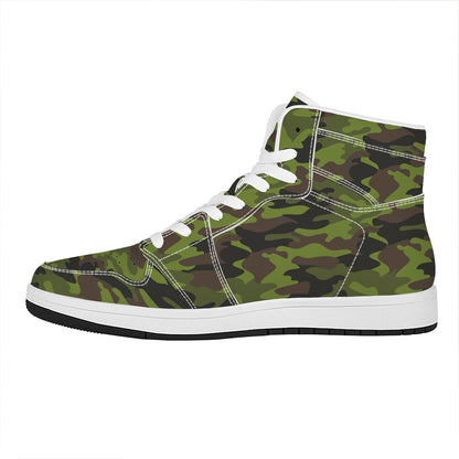 Dark Green And Black Camouflage Print High Top Leather Sneakers