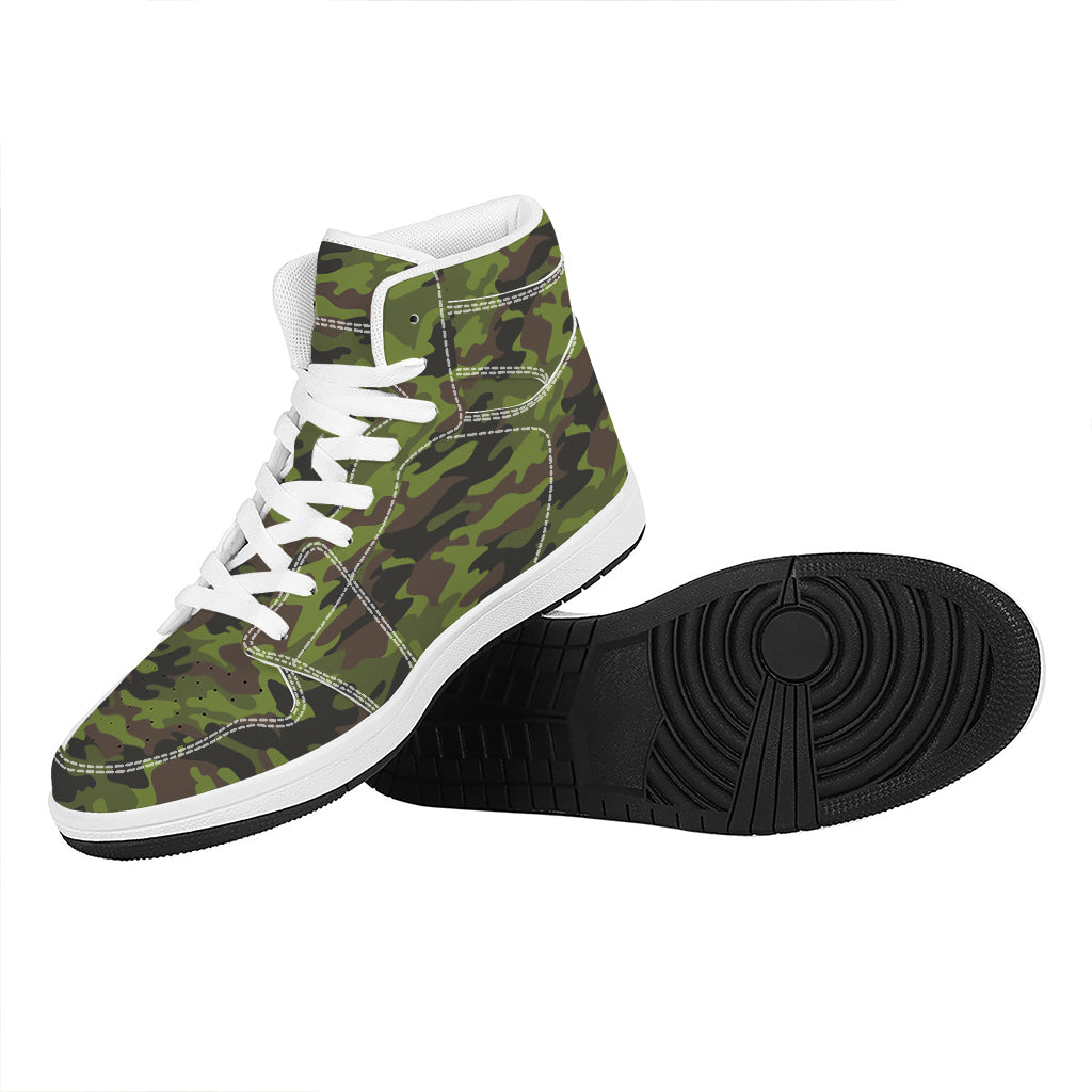 Dark Green And Black Camouflage Print High Top Leather Sneakers