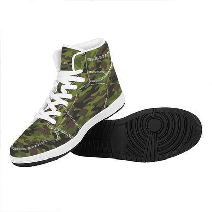 Dark Green And Black Camouflage Print High Top Leather Sneakers