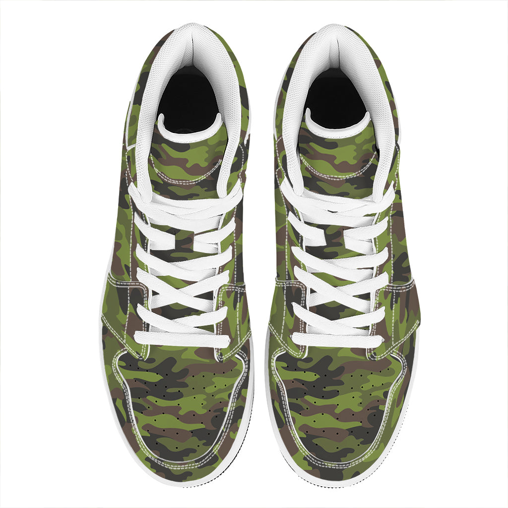 Dark Green And Black Camouflage Print High Top Leather Sneakers