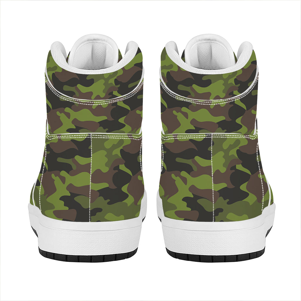 Dark Green And Black Camouflage Print High Top Leather Sneakers