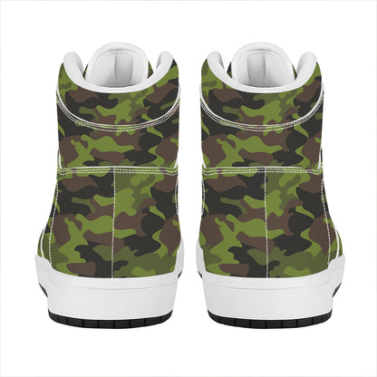 Dark Green And Black Camouflage Print High Top Leather Sneakers