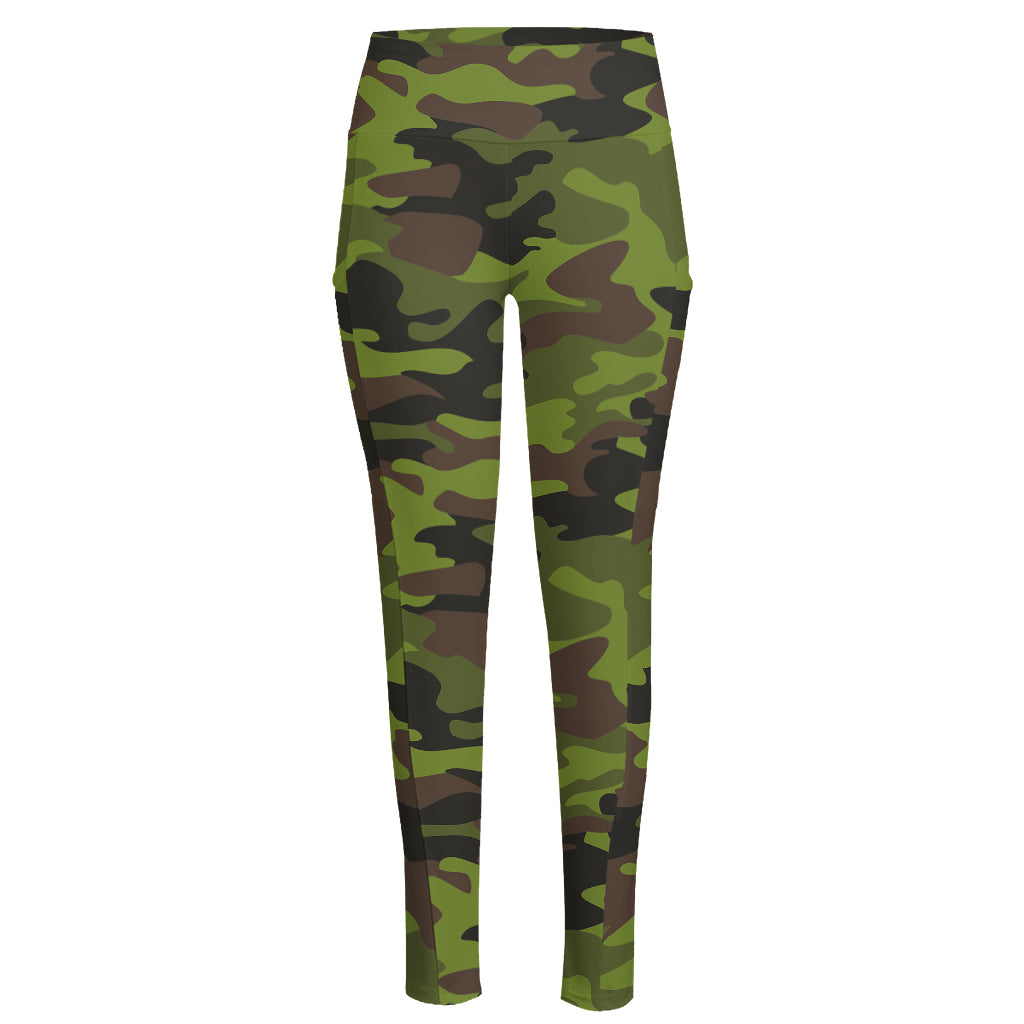 Dark Green And Black Camouflage Print High-Waisted Pocket Leggings