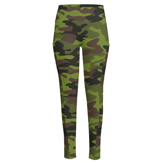 Dark Green And Black Camouflage Print High-Waisted Pocket Leggings