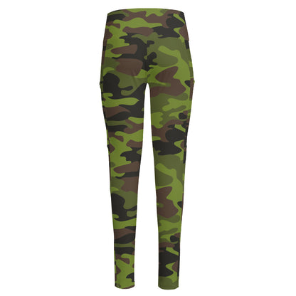 Dark Green And Black Camouflage Print High-Waisted Pocket Leggings