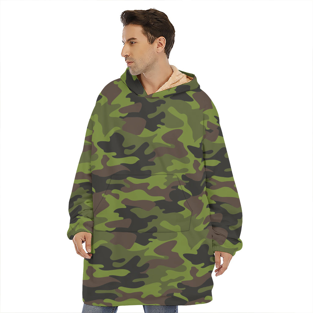 Dark Green And Black Camouflage Print Hoodie Blanket