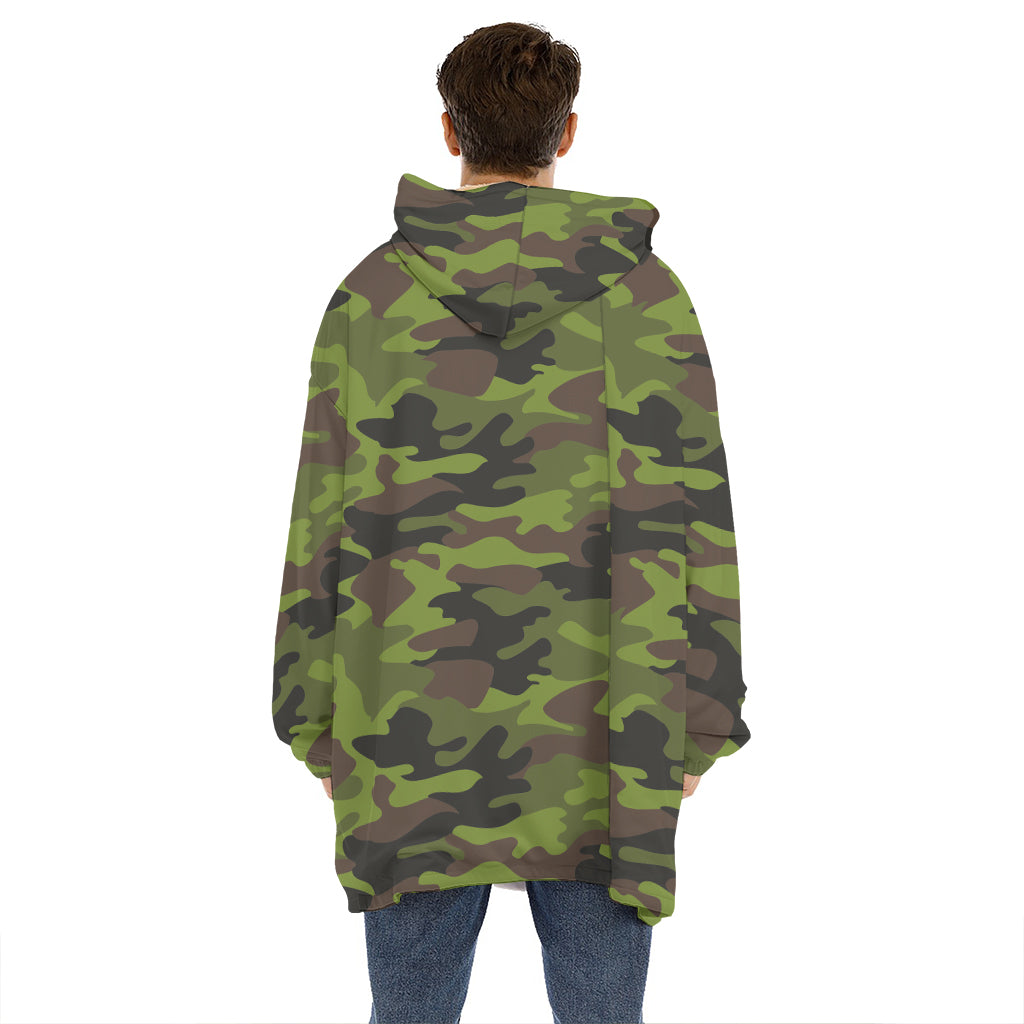 Dark Green And Black Camouflage Print Hoodie Blanket