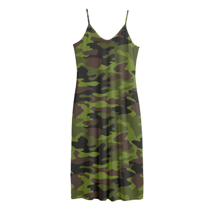 Dark Green And Black Camouflage Print Jersey Midi Cami Dress