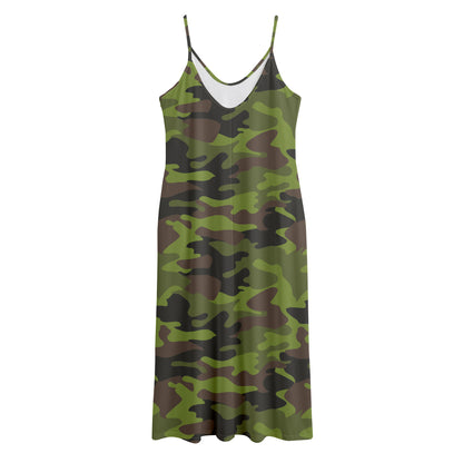 Dark Green And Black Camouflage Print Jersey Midi Cami Dress