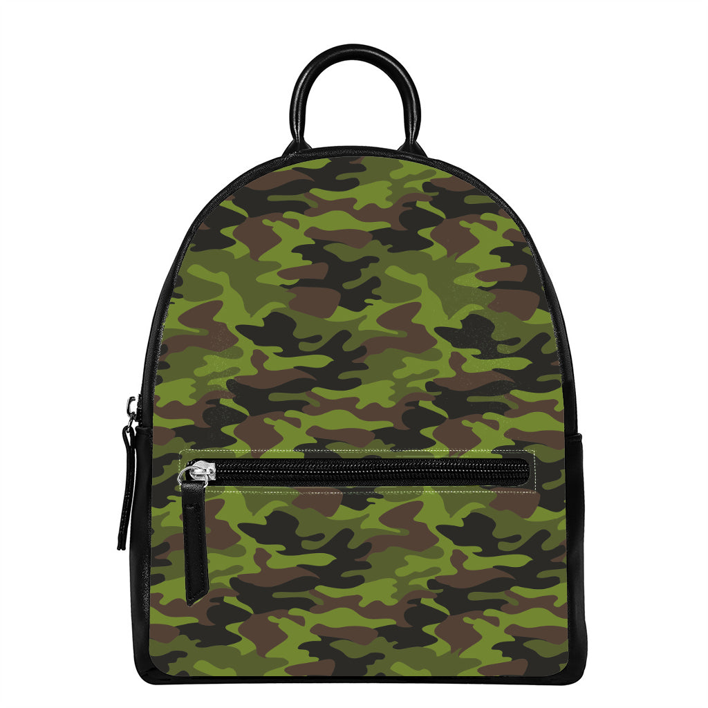 Dark Green And Black Camouflage Print Leather Backpack