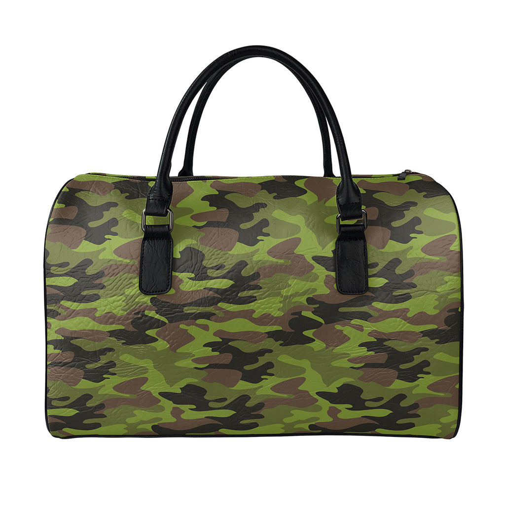 Dark Green And Black Camouflage Print Leather Duffle Bag