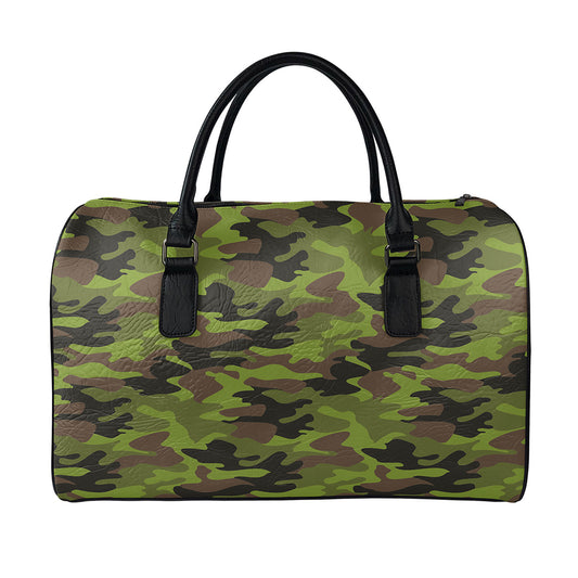 Dark Green And Black Camouflage Print Leather Duffle Bag