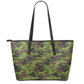 Dark Green And Black Camouflage Print Leather Tote Bag With Zipper