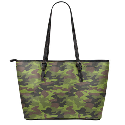Dark Green And Black Camouflage Print Leather Tote Bag