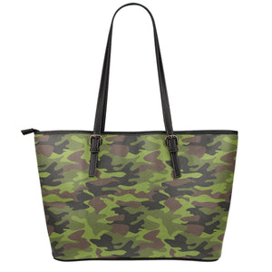 Dark Green And Black Camouflage Print Leather Tote Bag