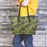 Dark Green And Black Camouflage Print Leather Tote Bag