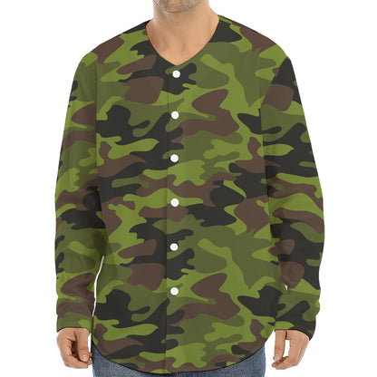 Dark Green And Black Camouflage Print Long Sleeve Baseball Jersey
