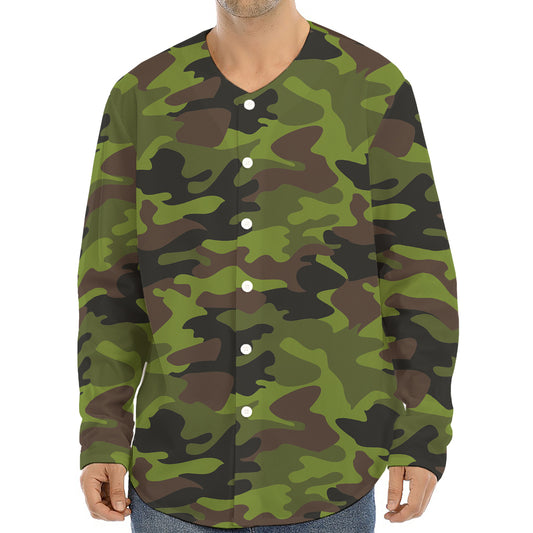 Dark Green And Black Camouflage Print Long Sleeve Baseball Jersey