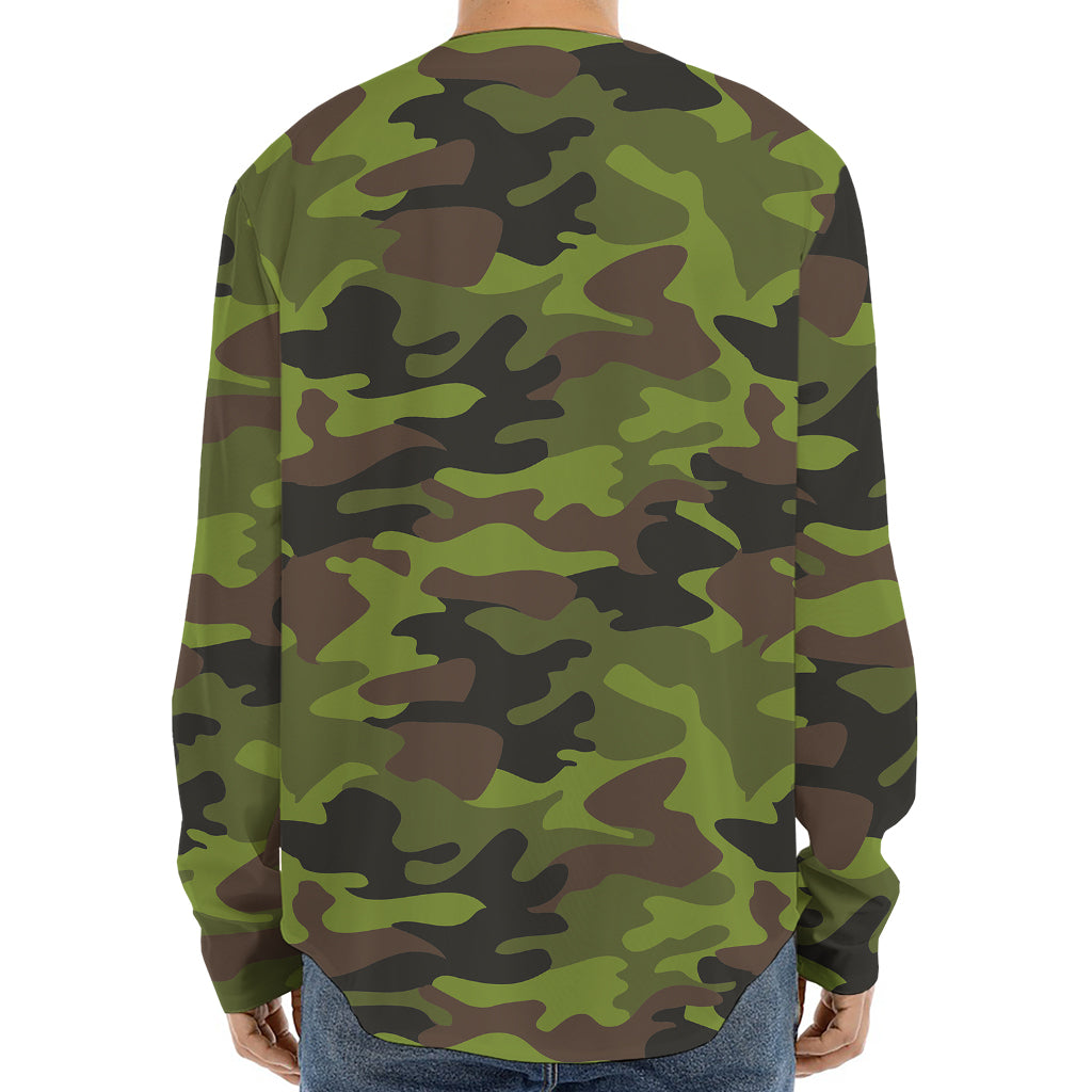 Dark Green And Black Camouflage Print Long Sleeve Baseball Jersey