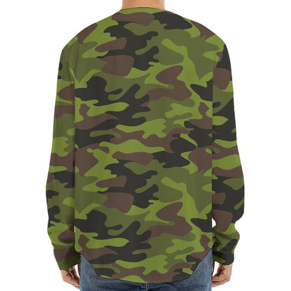 Dark Green And Black Camouflage Print Long Sleeve Baseball Jersey