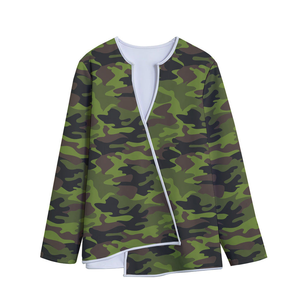 Dark Green And Black Camouflage Print Long Sleeve Short Coat